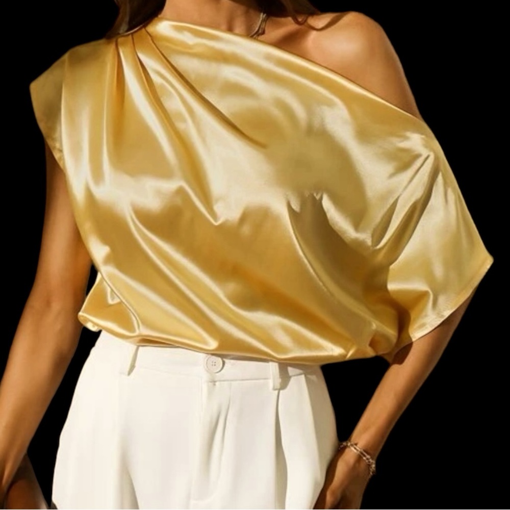 - Beautiful off shoulder yellow satin top!